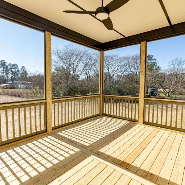 Winslow Custom Homes Screened In Back Porch with Black Ceiling Fan